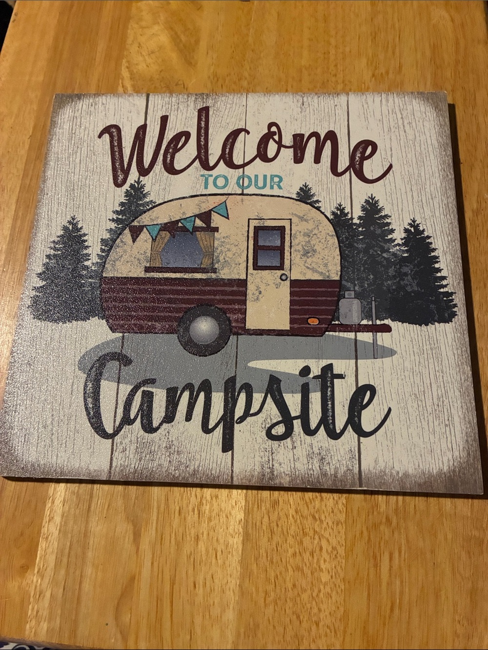 Welcome to Our Campsite Wooden Wall Sign - White and Burgundy